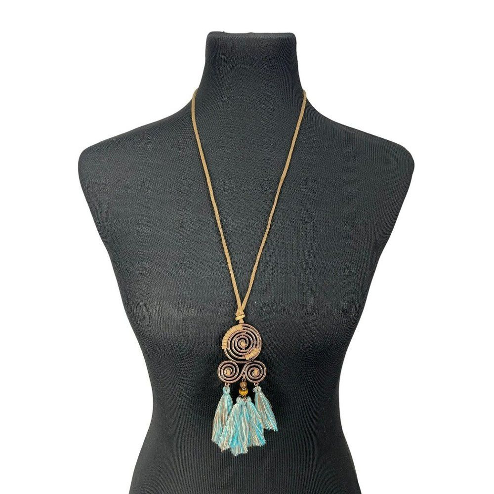 Women's Teal EMERY ROSE Tassel Bohemian‎ Tan Corded Necklace